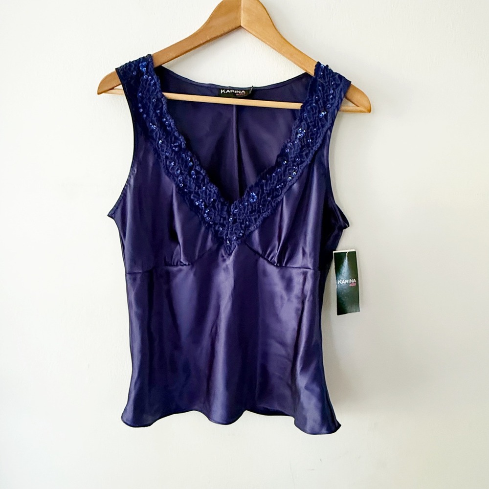 Vintage Y2K Cami Top Women XL Purple Satin Lace Sequin Coquette Fairycore Glam